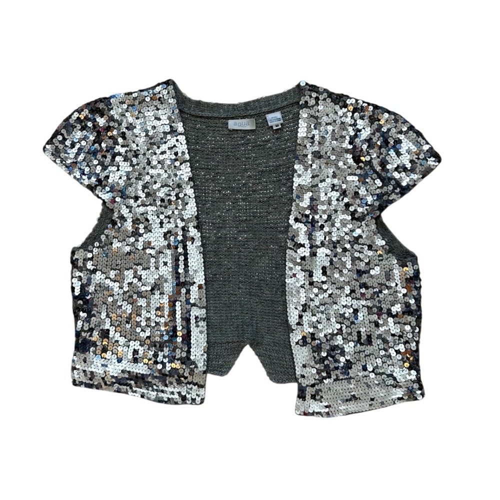 Silver Sequin Bolero Shrug Silk Cashmere aqua Cap Sleeve Cropped Vest M party